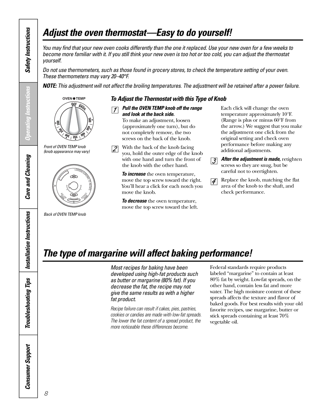 GE RA720 RA724 Adjust the oven thermostat-Easy to do yourself, Type of margarine will affect baking performance 