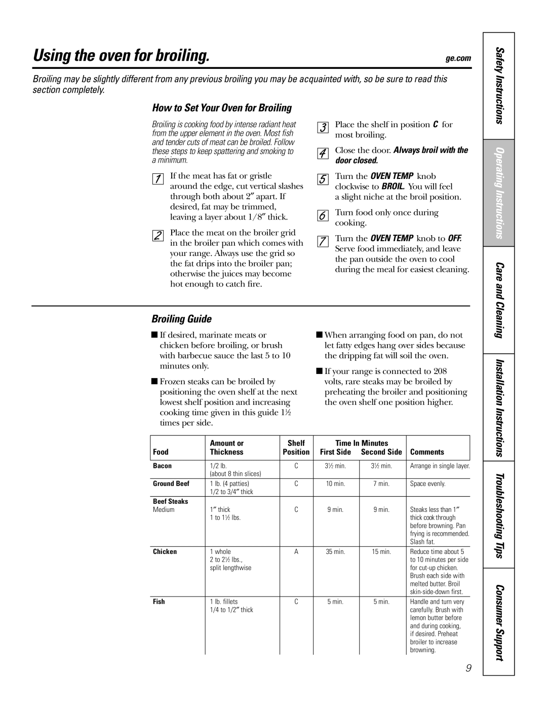 GE RA720 RA724 owner manual Using the oven for broiling, How to Set Your Oven for Broiling, Broiling Guide 