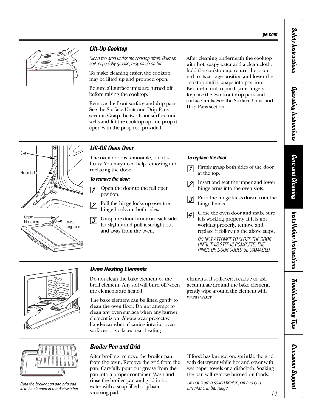 GE RA720 Lift-Up Cooktop Safety, Lift-Off Oven Door, Oven Heating Elements, Troubleshooting Tips, Broiler Pan and Grid 