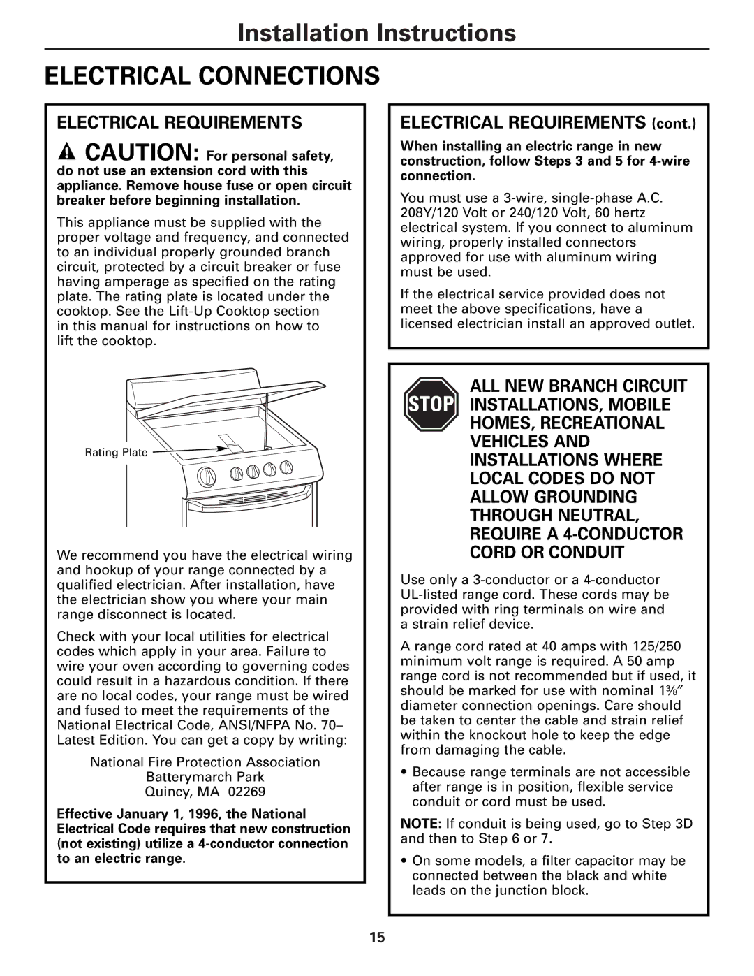 GE RA720, RA724 owner manual Electrical Connections, Electrical Requirements 