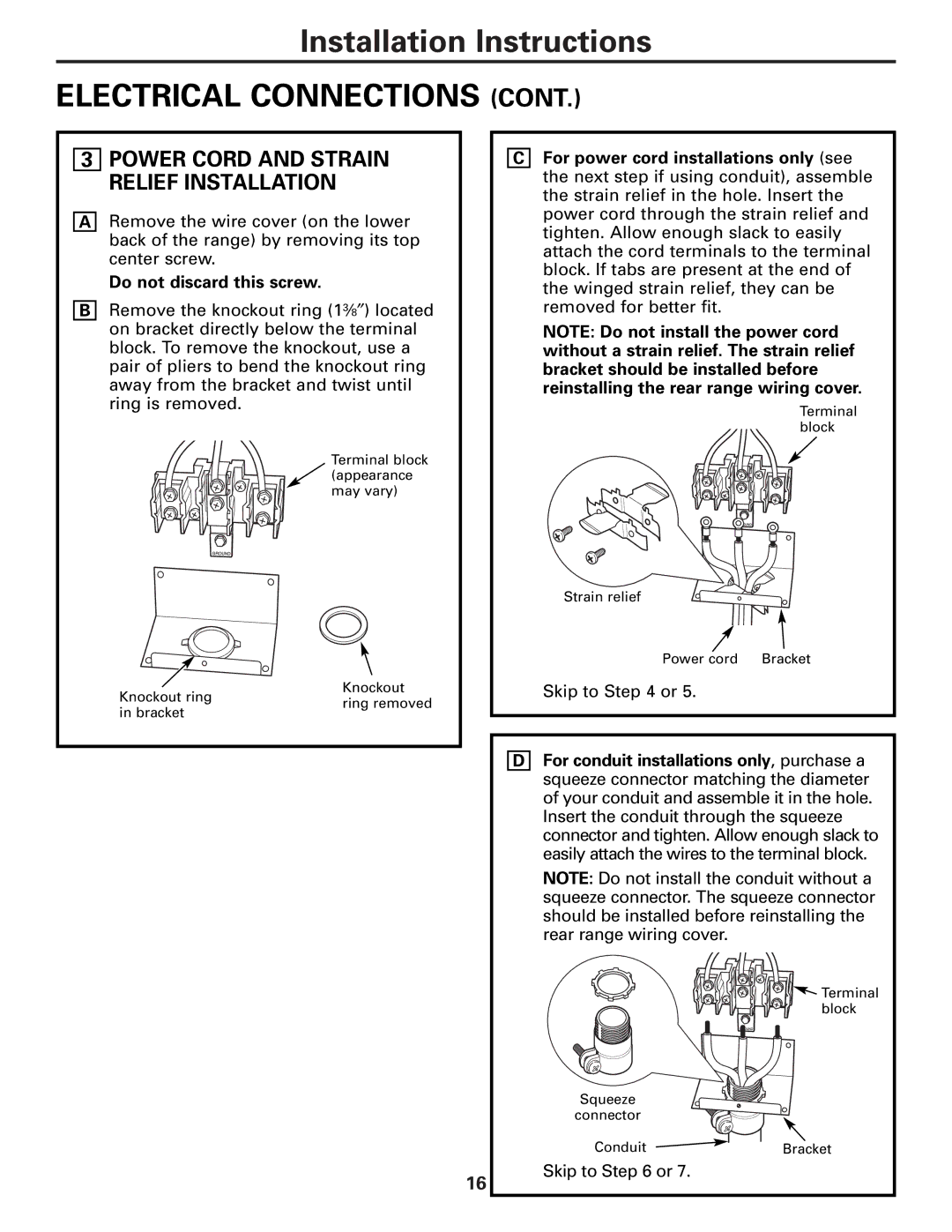 GE RA724, RA720 owner manual Power Cord and Strain Relief Installation, Do not discard this screw 