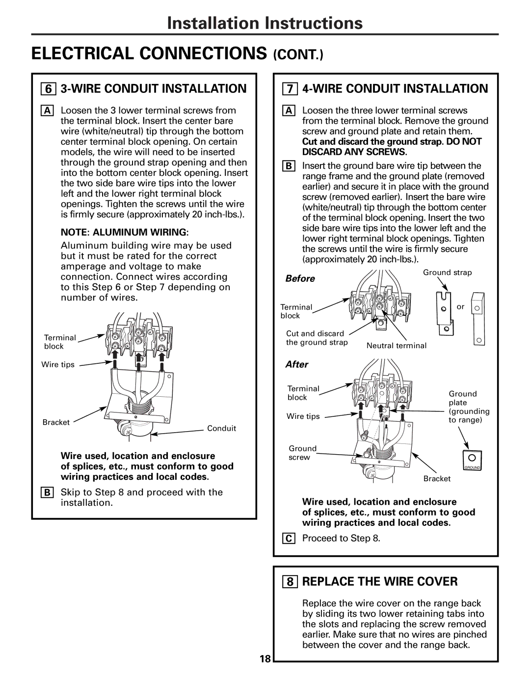 GE RA724, RA720 owner manual Wire Conduit Installation, Replace the Wire Cover, Wire used, location and enclosure 