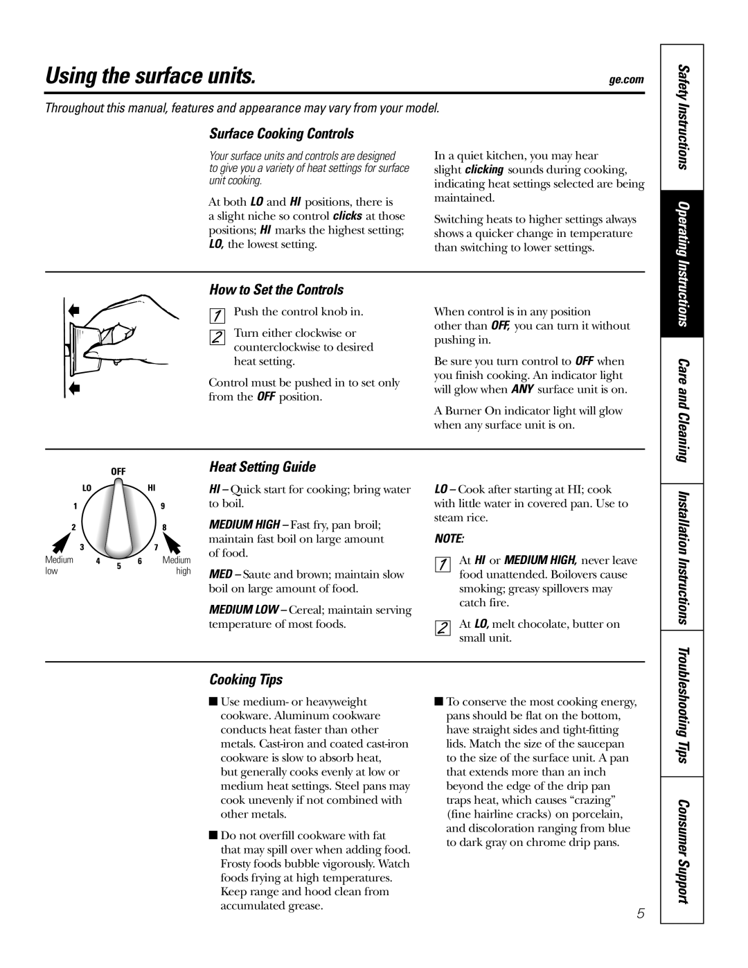 GE RA720, RA724 owner manual Using the surface units 