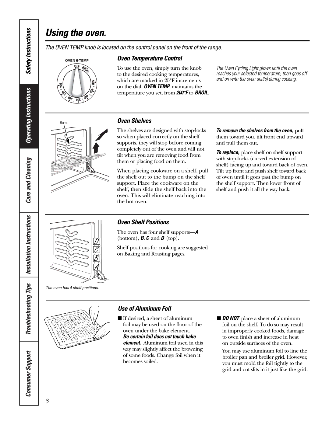 GE RA724, RA720 Using the oven, Instructions Safety Instructions, Oven Temperature Control, Use of Aluminum Foil 