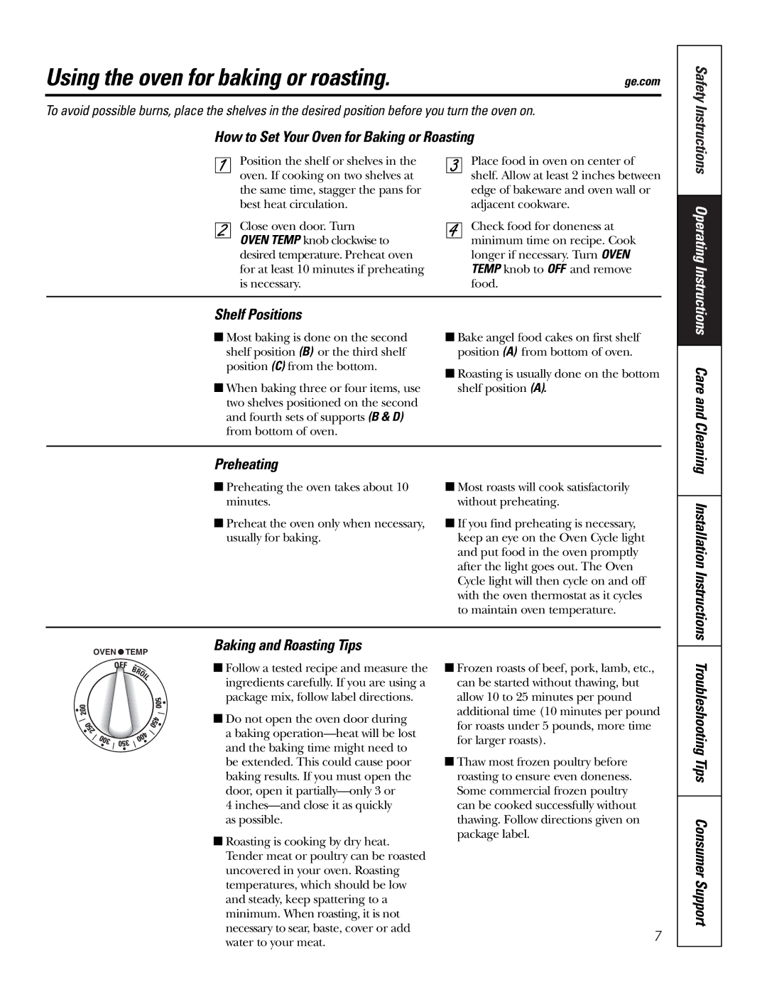 GE RA720 Using the oven for baking or roasting, How to Set Your Oven for Baking or Roasting, Shelf Positions, Preheating 