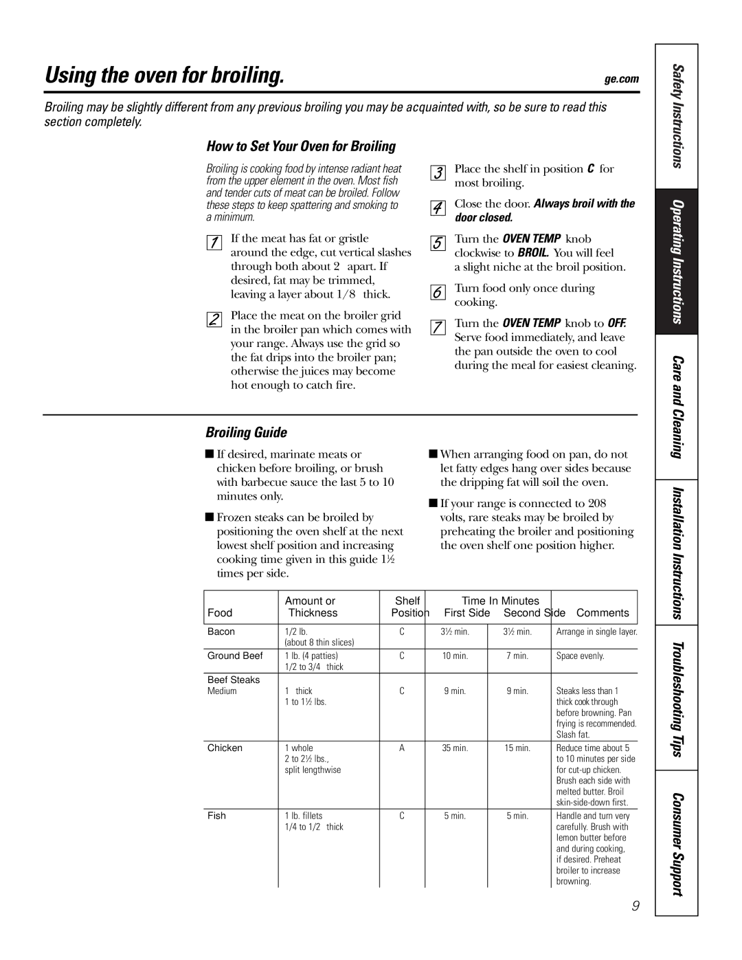 GE RA720, RA724 owner manual Using the oven for broiling, How to Set Your Oven for Broiling, Broiling Guide 