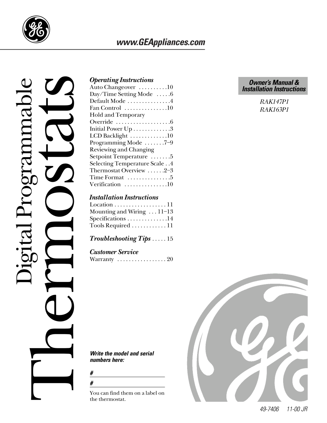 GE RAK147P1. RAL163P1 installation instructions Thermostats 