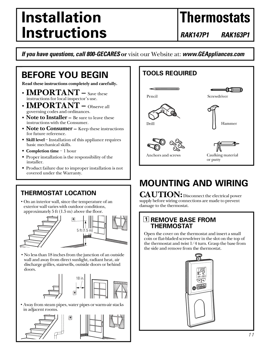 GE RAK147P1. RAL163P1 installation instructions Installation Instructions Thermostats 