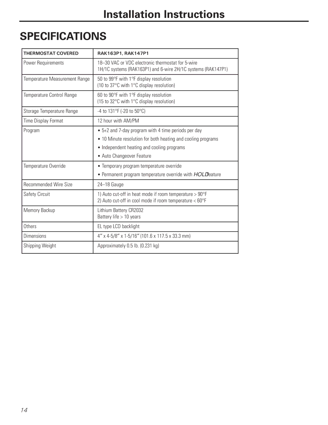 GE RAK147P1. RAL163P1 installation instructions Specifications 