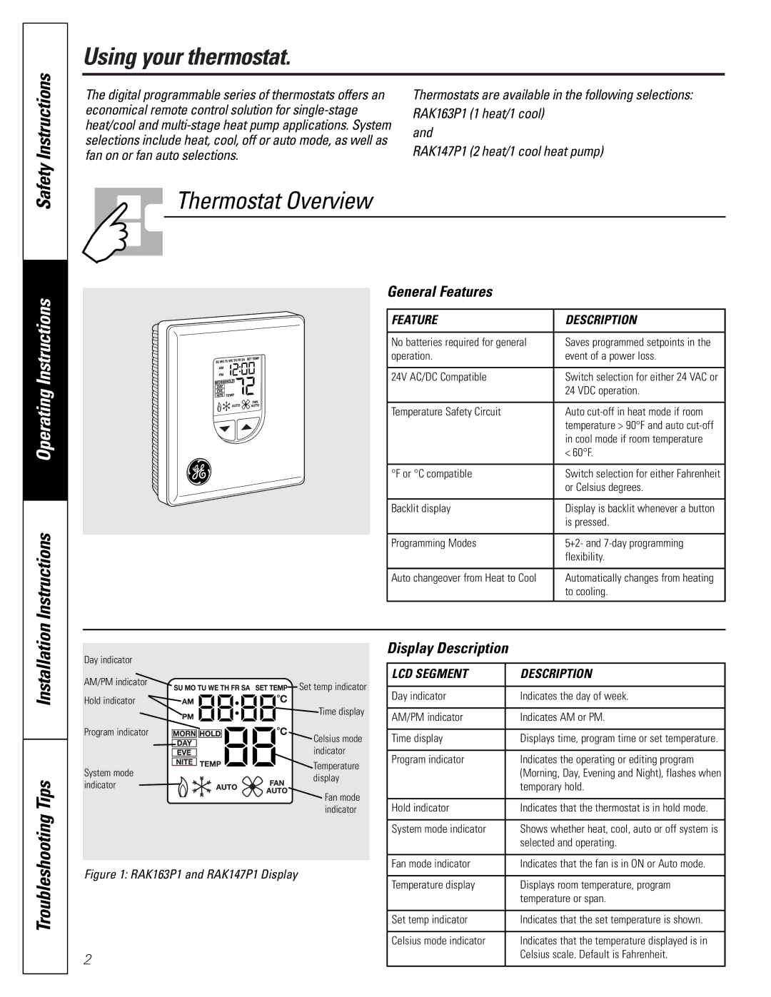 GE RAK147P1. RAL163P1 installation instructions Thermostat Overview, General Features, Display Description 