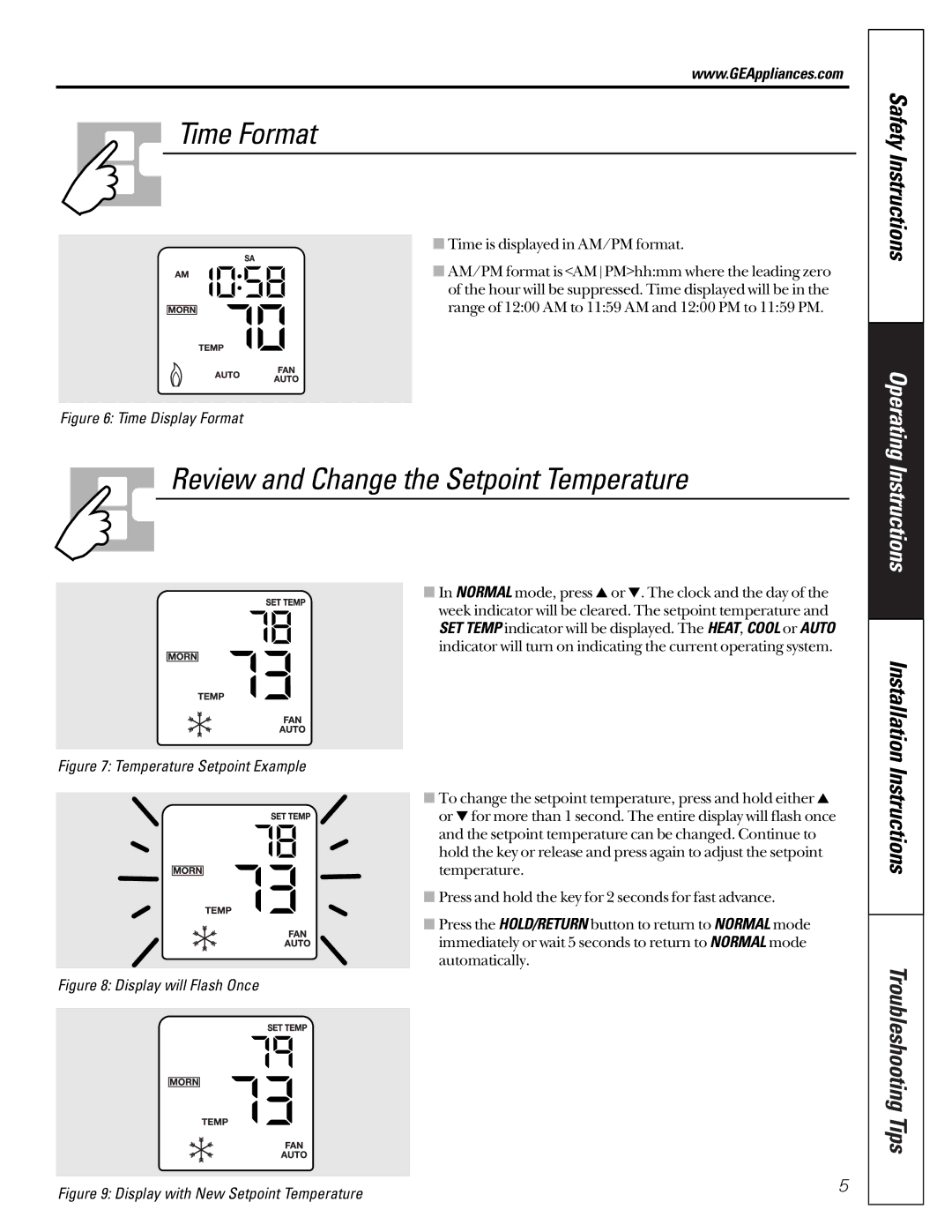 GE RAK147P1. RAL163P1 installation instructions Time Format, Review and Change the Setpoint Temperature 