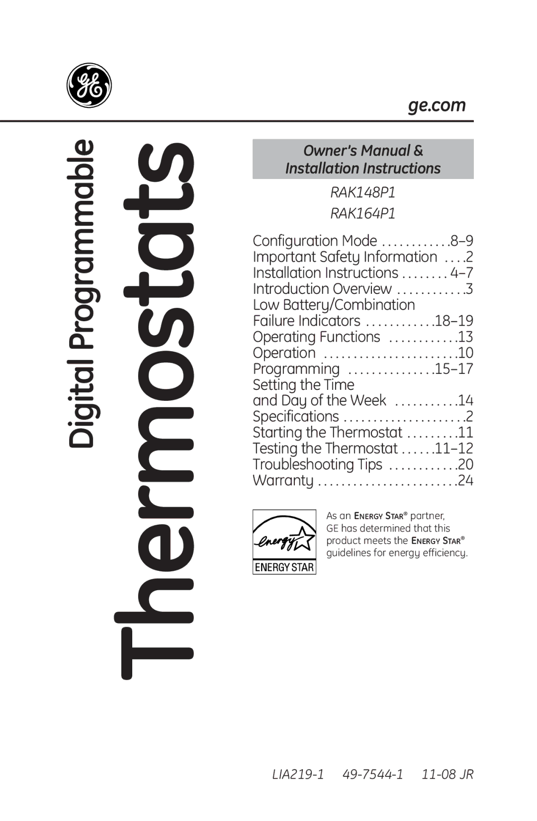 GE RAK148P1, RAK164P1 installation instructions Thermostats, Installation Instructions 