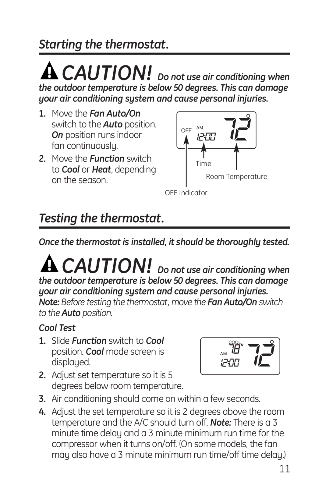 GE RAK148P1 Starting the thermostat, Testing the thermostat, Air conditioning should come on within a few seconds 