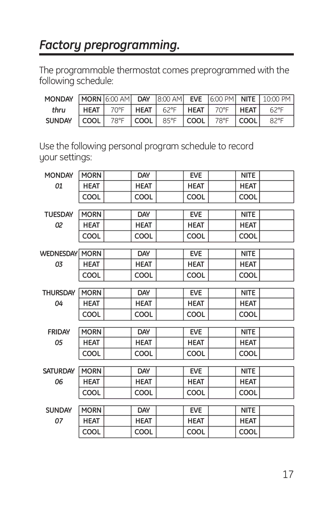 GE RAK148P1, RAK164P1 installation instructions Factory preprogramming 