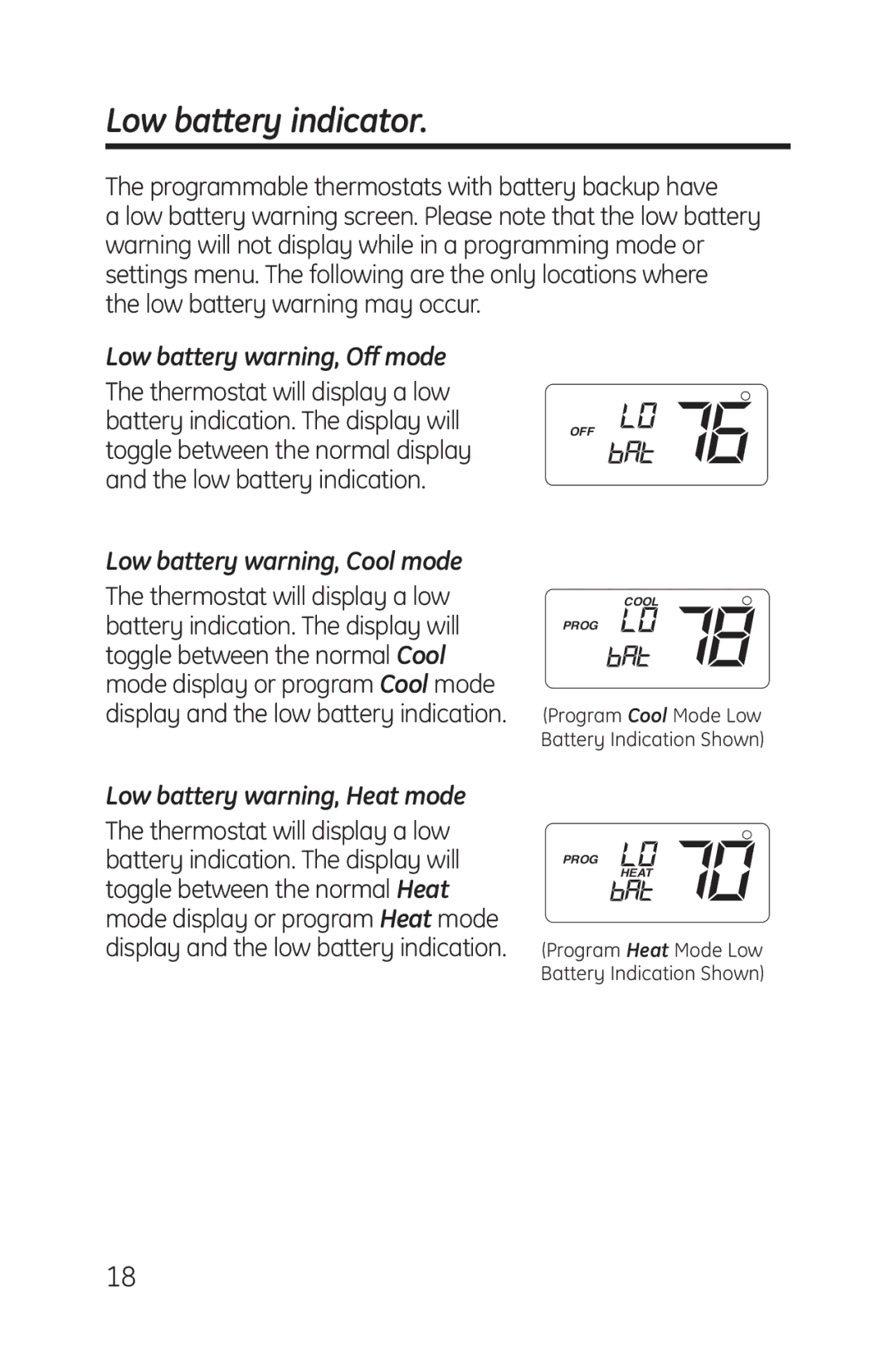 GE RAK164P1, RAK148P1 Low battery indicator, Low battery warning, Off mode, Low battery warning, Cool mode 