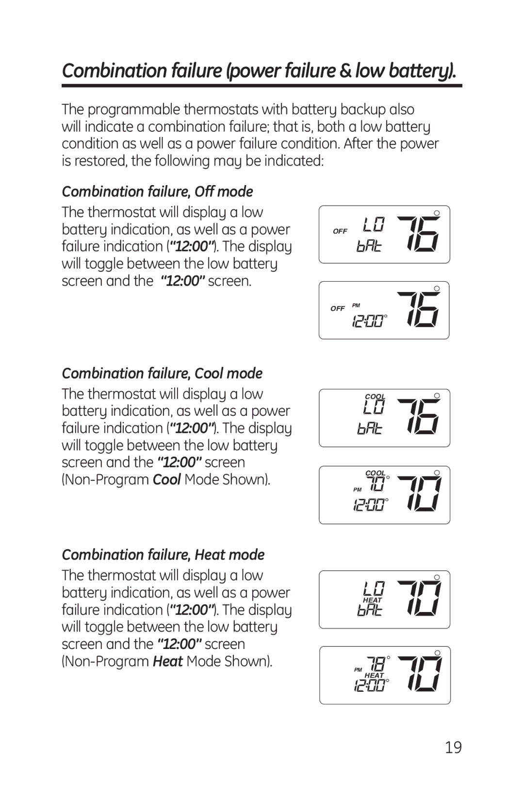 GE RAK148P1, RAK164P1 Combination failure, Off mode, Combination failure, Cool mode, Combination failure, Heat mode 