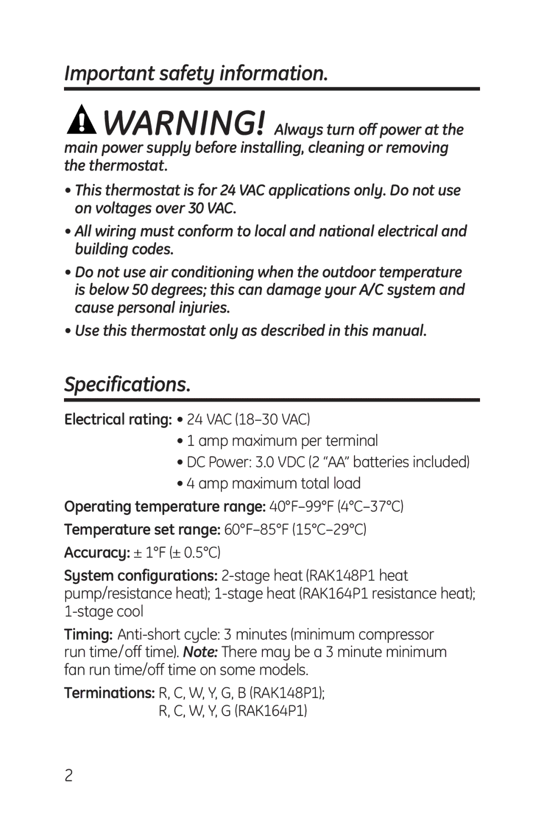 GE RAK164P1, RAK148P1 installation instructions Important safety information, Specifications 