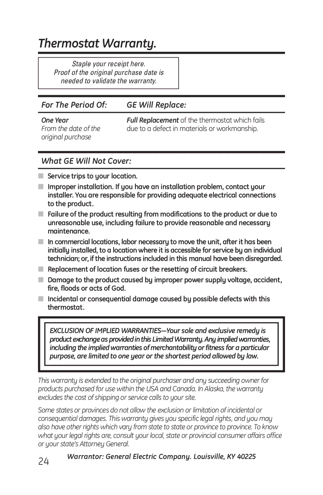 GE RAK164P1, RAK148P1 installation instructions Thermostat Warranty, For The Period GE Will Replace 