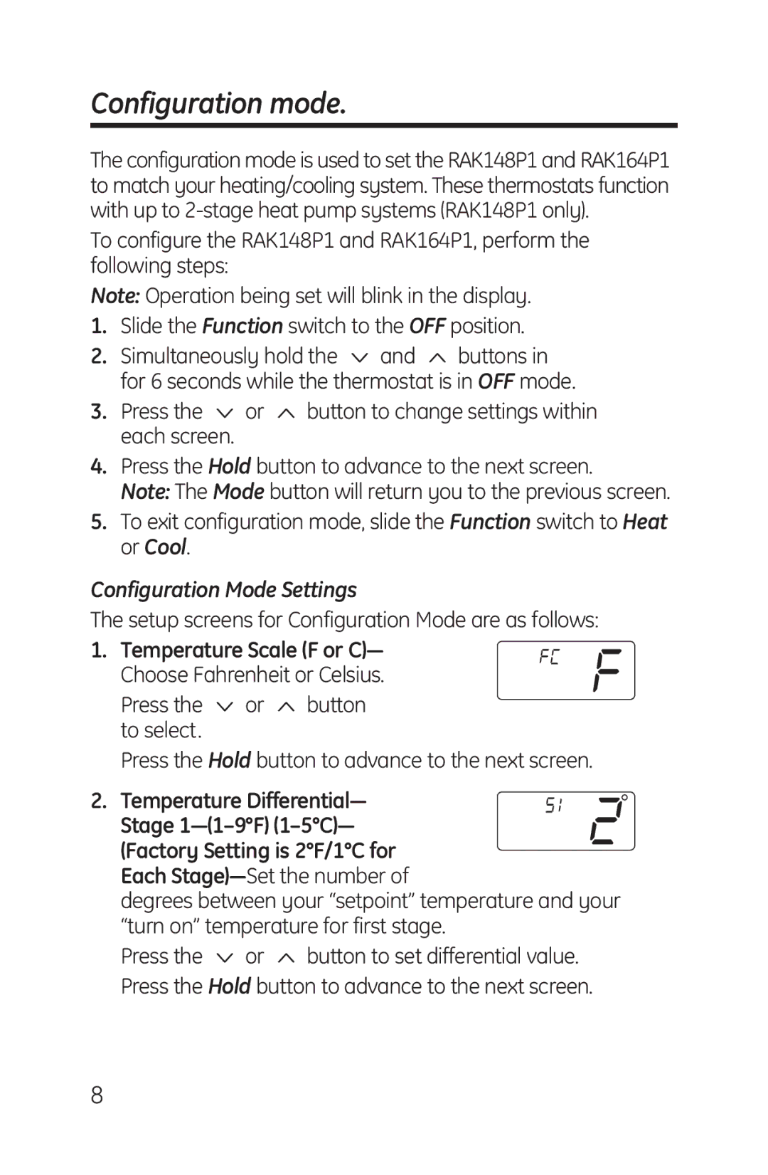 GE RAK164P1, RAK148P1 installation instructions Configuration mode, Each screen, Configuration Mode Settings 