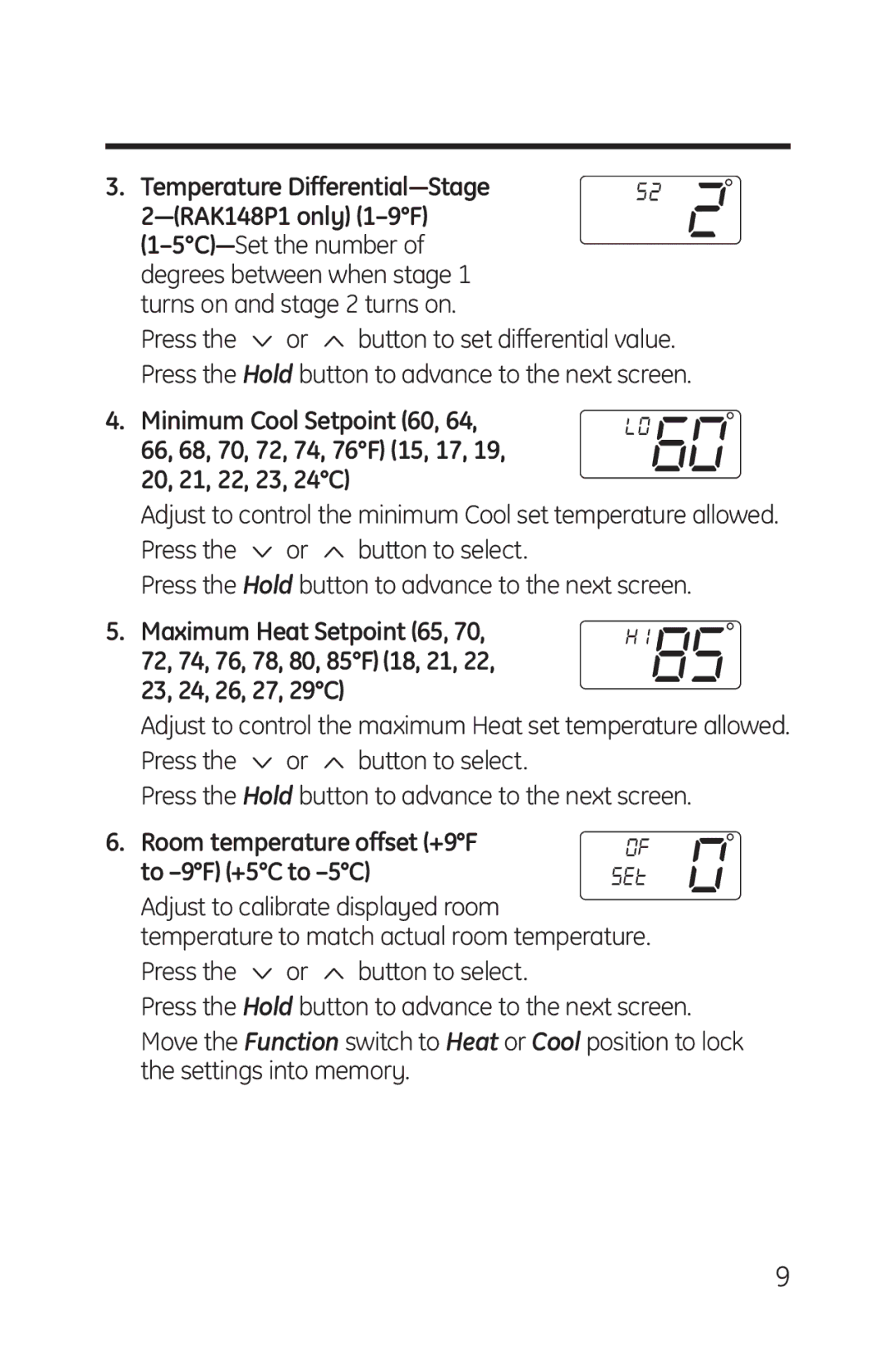 GE RAK148P1, RAK164P1 installation instructions Adjust to control the minimum Cool set temperature allowed 