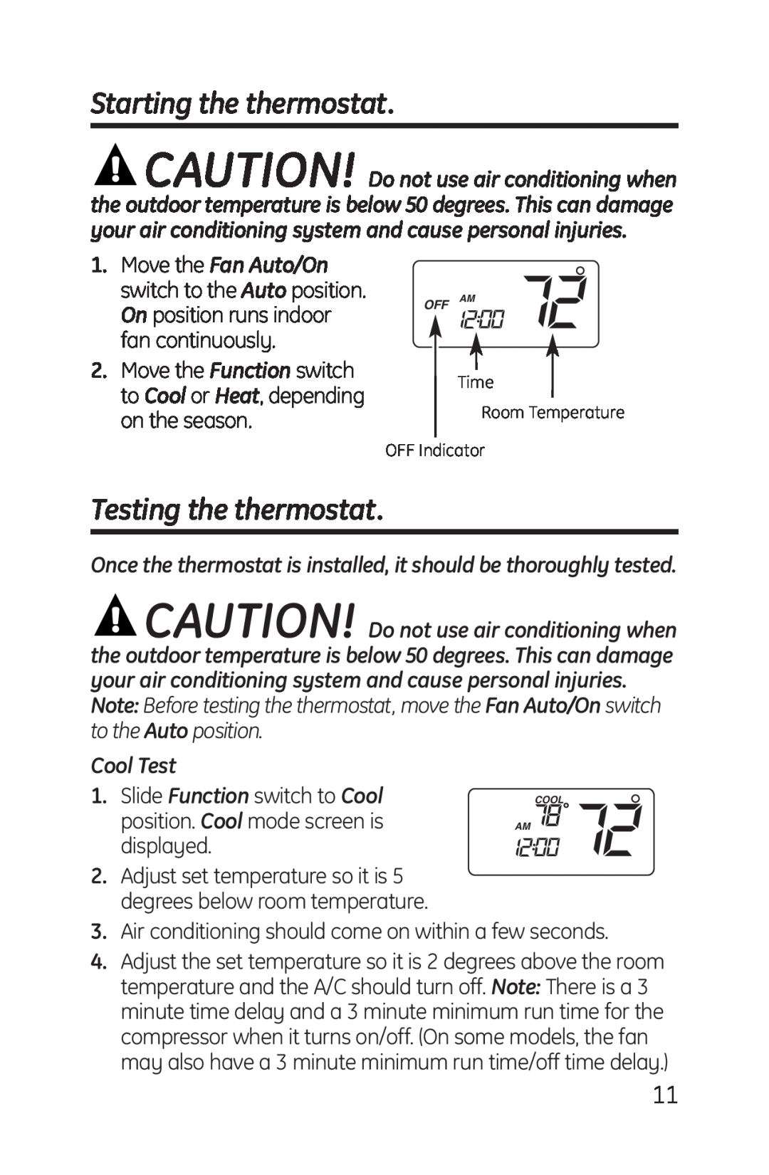 GE RAK148P1, RAK164P1 installation instructions Starting the thermostat, Testing the thermostat, Cool Test 