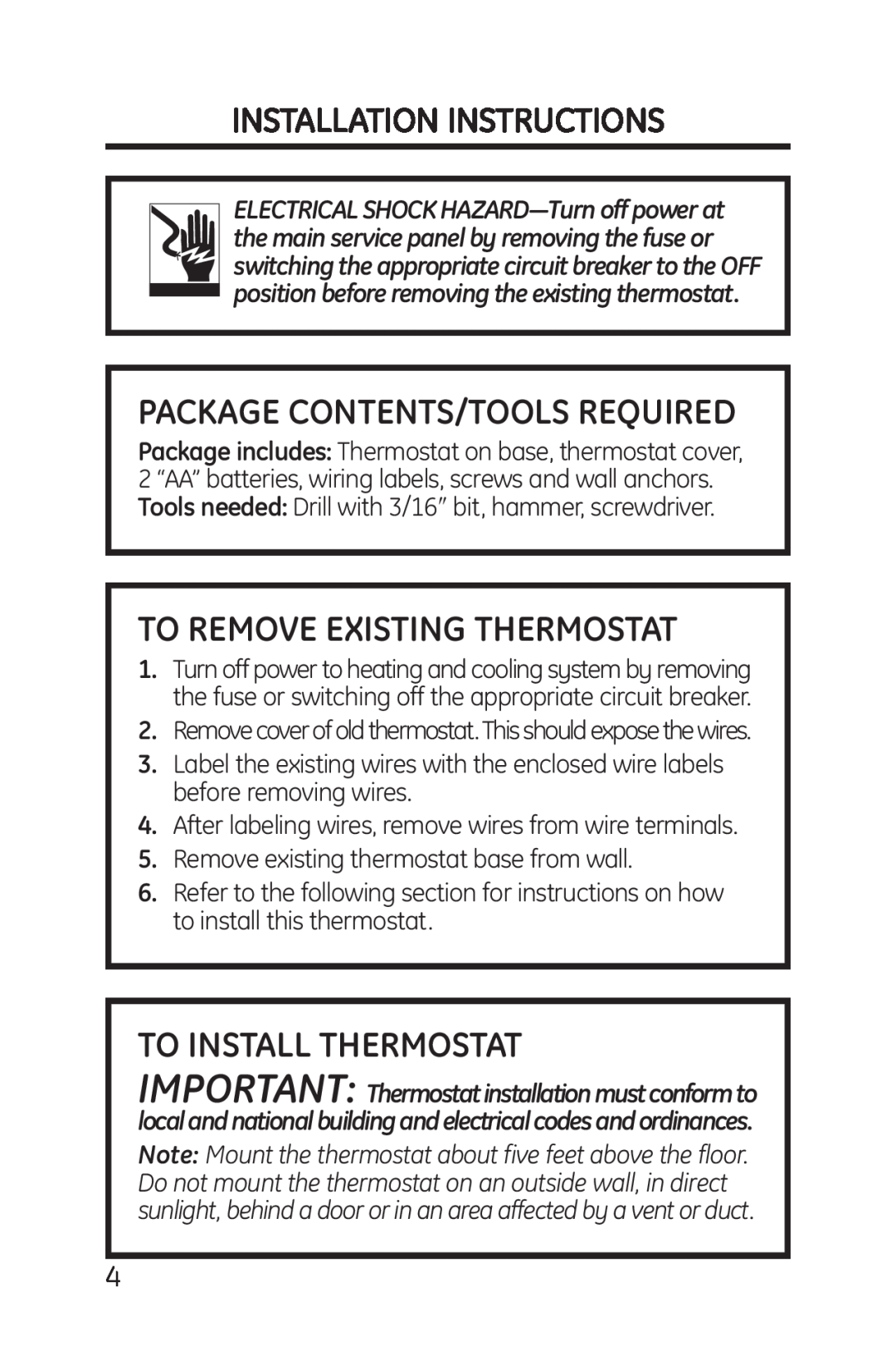 GE RAK164P1, RAK148P1 Installation Instructions, Package Contents/Tools Required, To Remove Existing Thermostat 