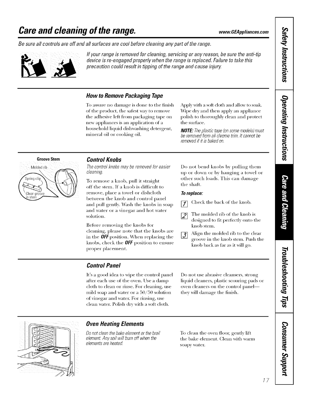 GE Range Careand cleaning of the range, Oven Heating Elements, How to Remove Packaging Tape, Control Knobs, Control Panel 