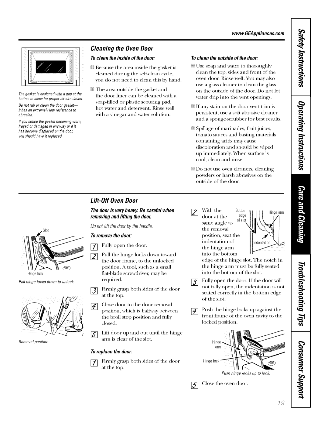 GE Range manual Cleaning the Oven Door, Donotlift thedoorby thehandle, Toremovethe door, Position, seat tile 