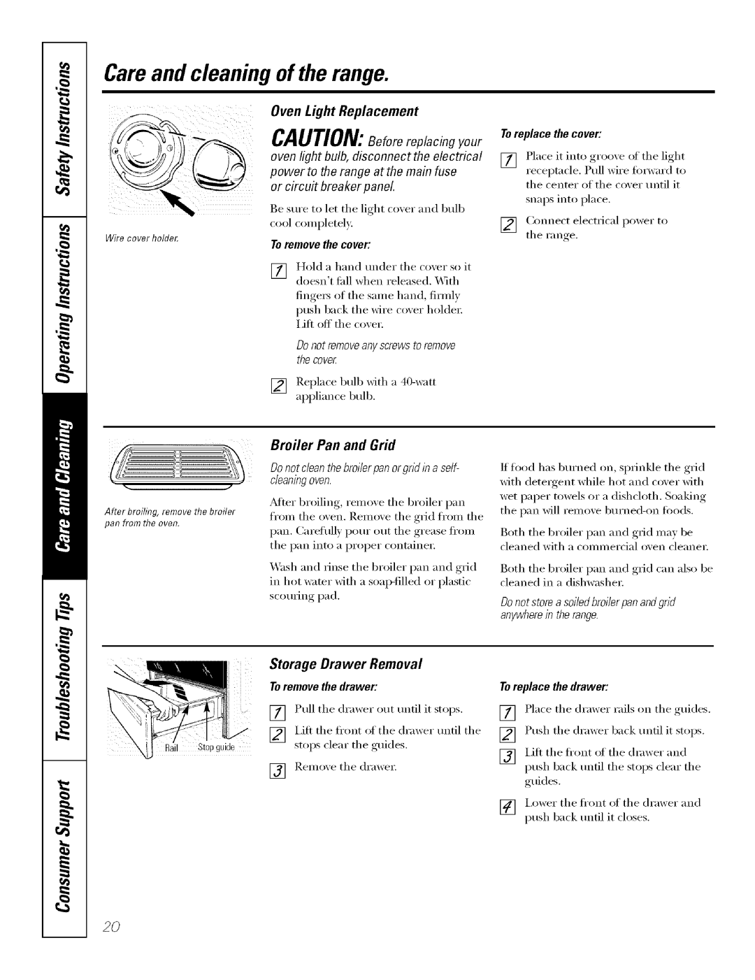 GE Range manual Oven Light Replacement, Broiler Pan and Grid, Storage Drawer Removal 