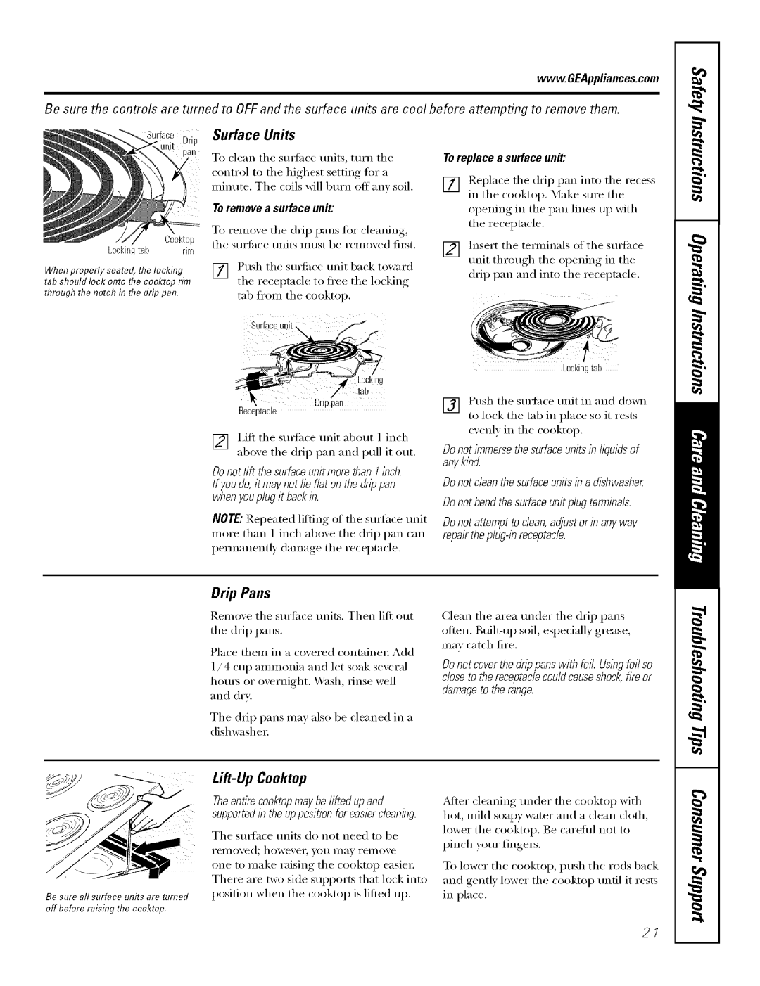 GE Range manual Surface Units, Drip Pans, Tile drip pans may also be cleaned in a dishwasher, Lift-Up Cooktop 