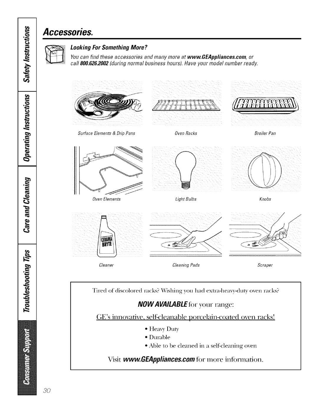 GE Range manual Accessories, Oven Racks Broiler Pan, Light Bulbs 