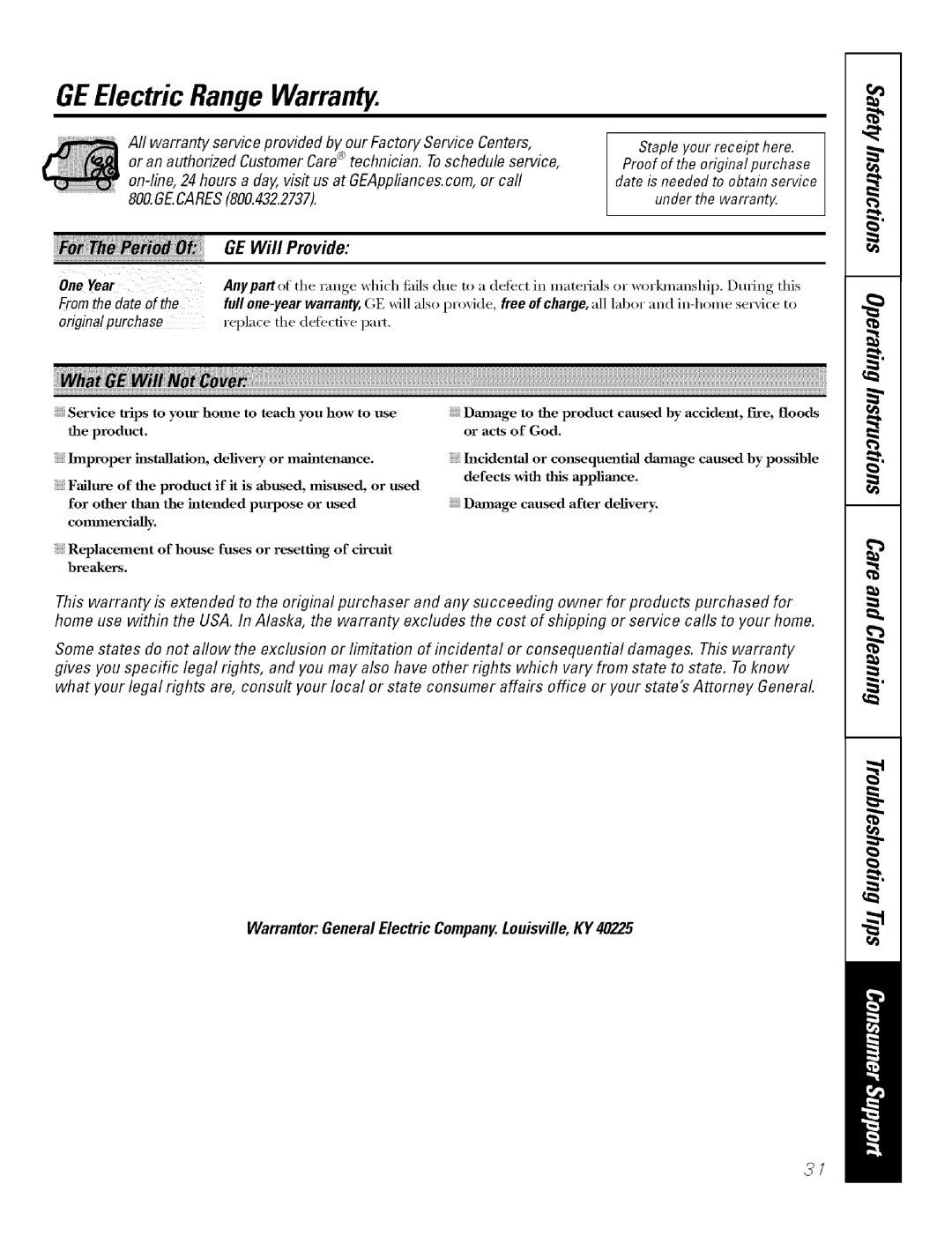 GE manual GEElectric Range Warranty, GE Will Provide, From the date, Origina!purchase 