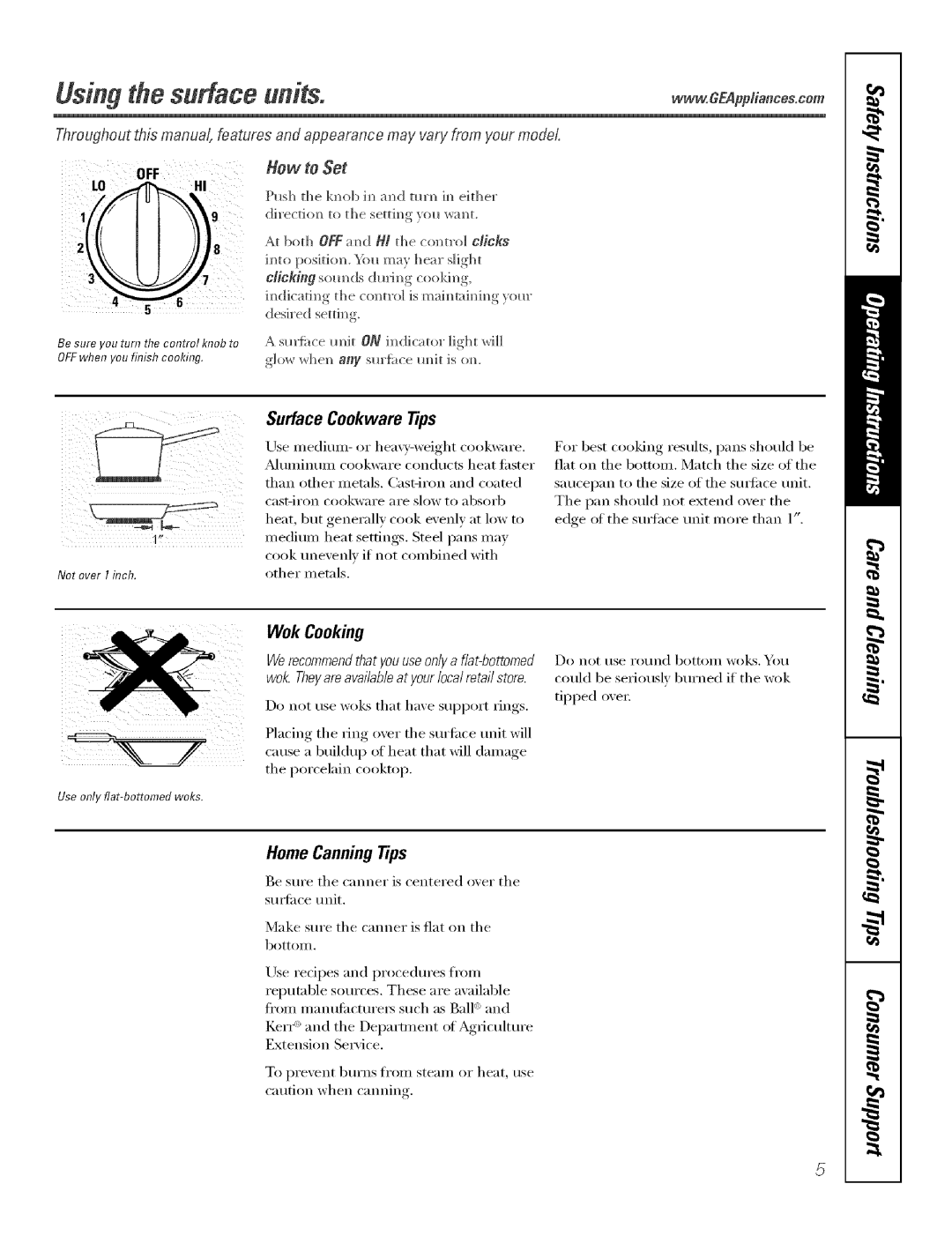 GE Range manual Surface Cookware Tips, Wok Cooking, Home Canning Tips, How to Set, Not over I inch 