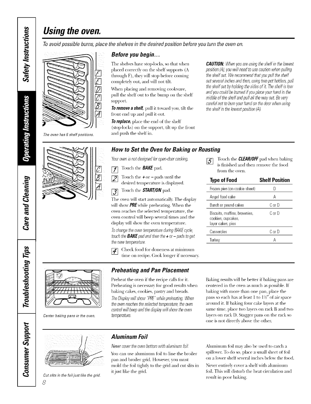 GE Range manual Usingthe oven, Before you begin, Preheating and Pan Placement, Aluminum Foil 