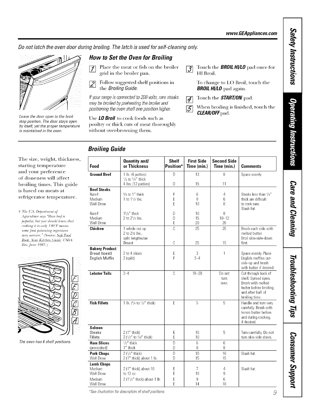 GE Range Broiling Guide, How to Set the Oven for Broiling, BROIL HI/LO pad again, START/ON pad, CLEAR/OFFpad, Quantityand 
