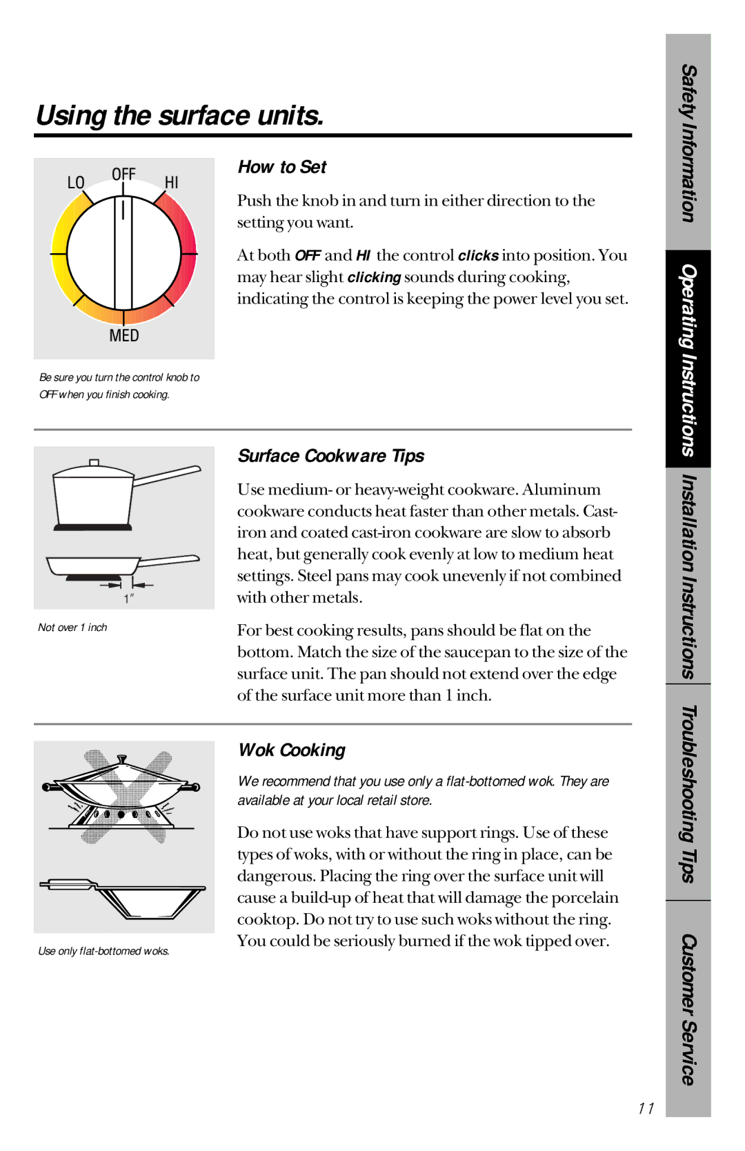 GE RB533, RB632 owner manual Using the surface units, How to Set, Surface Cookware Tips, Wok Cooking 