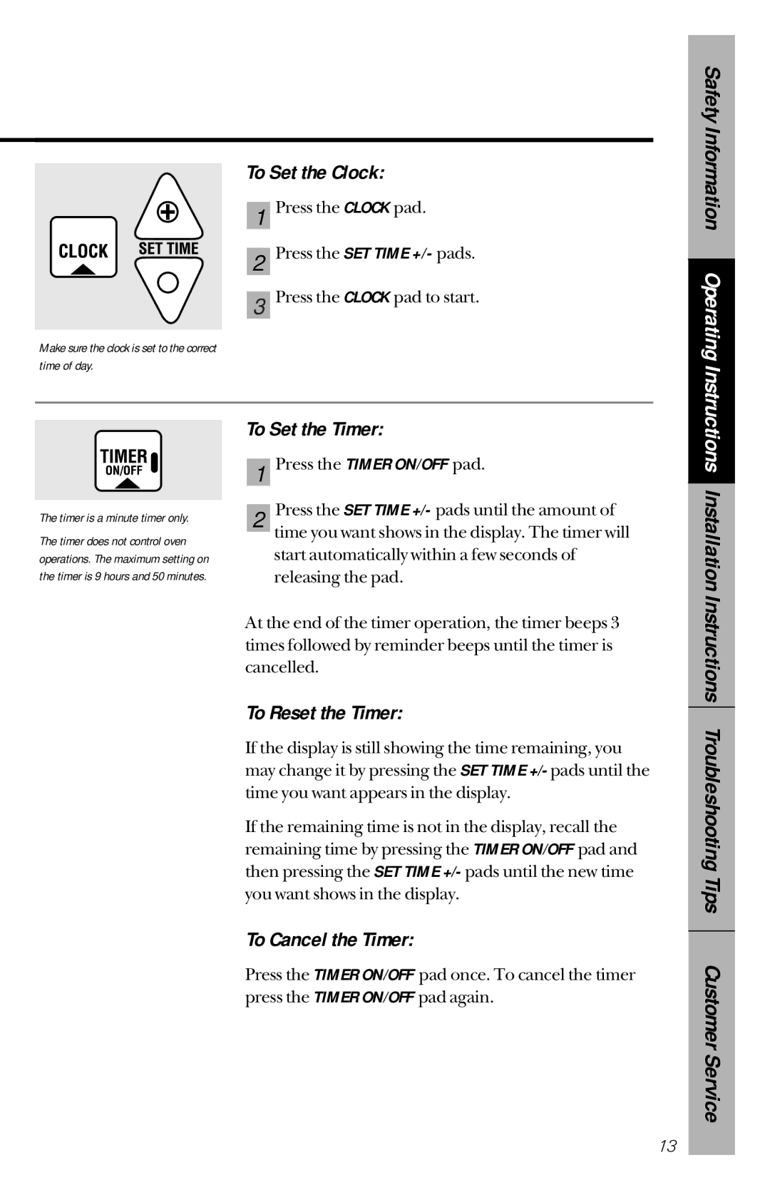 GE RB533, RB632 owner manual To Set the Clock, To Set the Timer, To Reset the Timer, To Cancel the Timer 