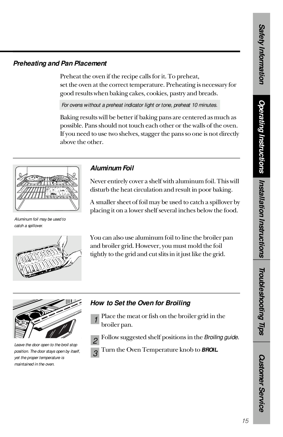 GE RB533, RB632 owner manual Preheating and Pan Placement, Aluminum Foil, How to Set the Oven for Broiling 