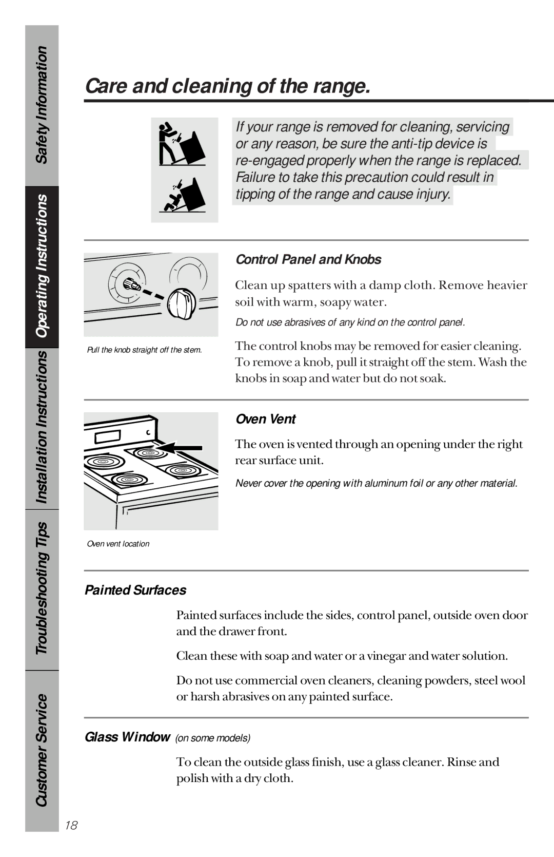 GE RB632, RB533 owner manual Care and cleaning of the range, Control Panel and Knobs, Oven Vent, Painted Surfaces 