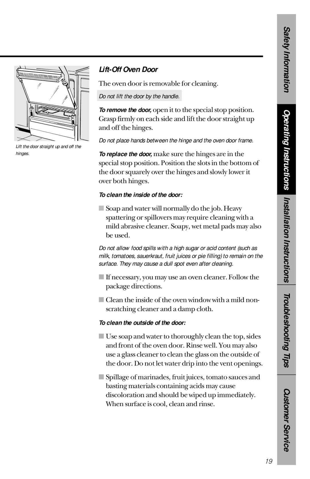 GE RB533, RB632 owner manual Lift-Off Oven Door, To clean the inside of the door, To clean the outside of the door 