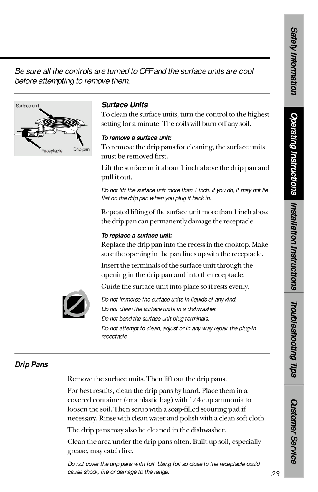 GE RB533, RB632 owner manual Surface Units, Drip Pans, To remove a surface unit, To replace a surface unit 