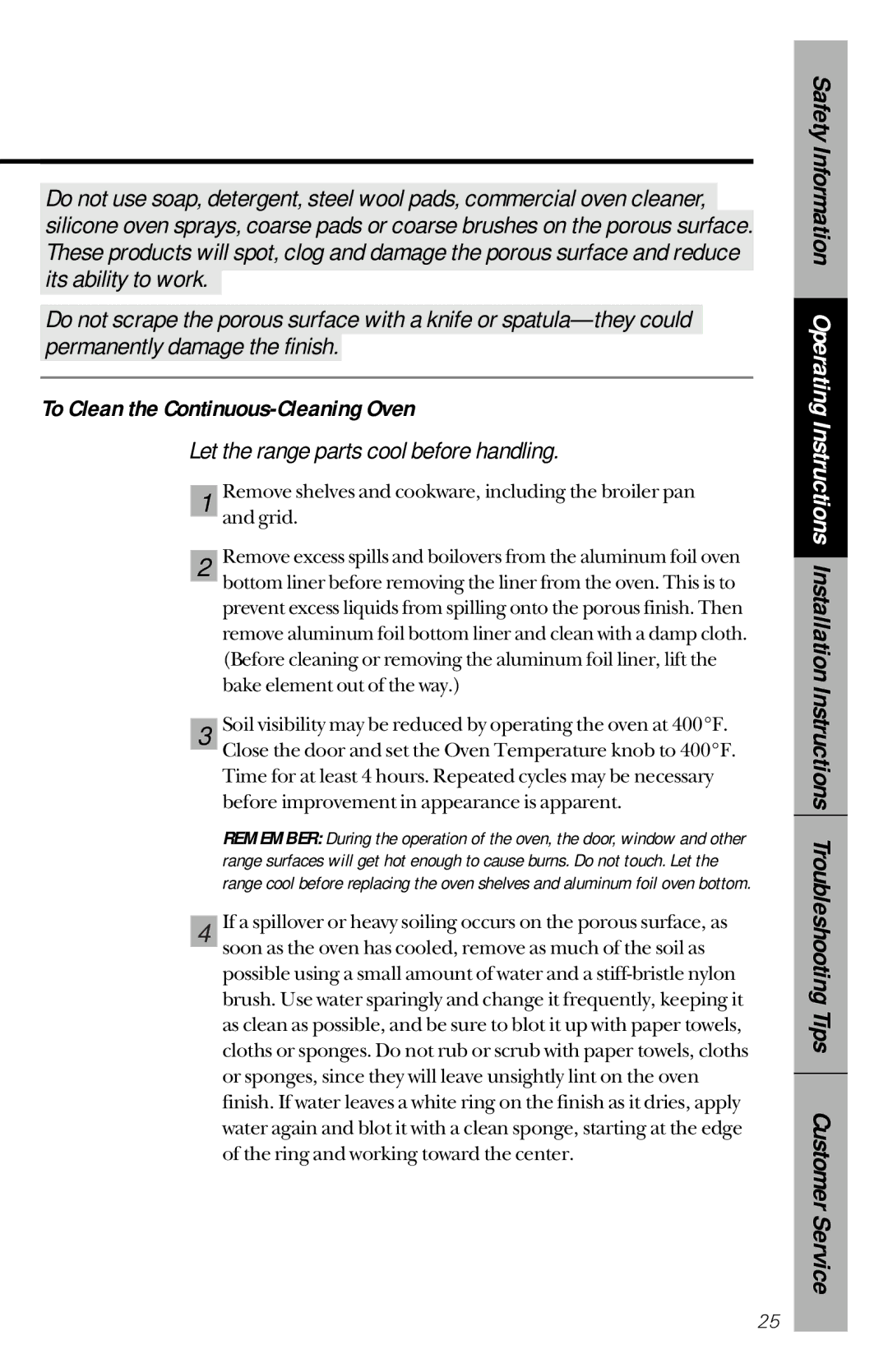 GE RB533, RB632 owner manual To Clean the Continuous-Cleaning Oven, Let the range parts cool before handling 