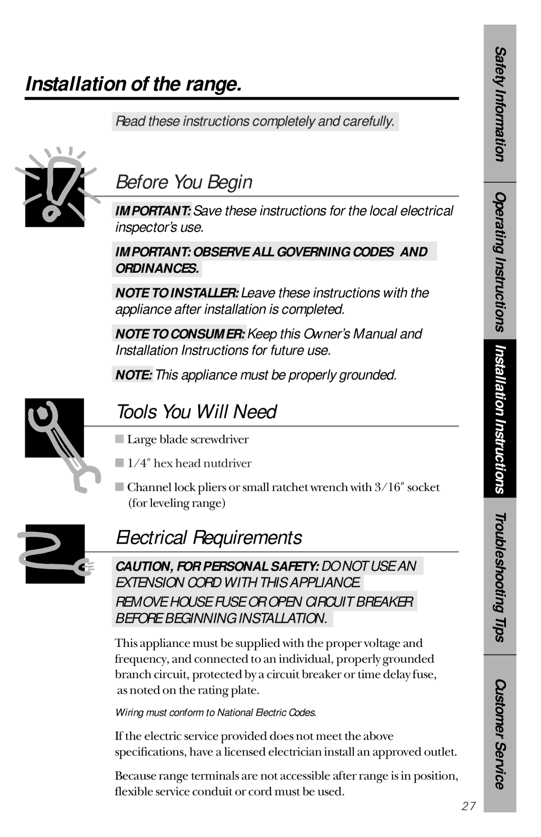 GE RB533, RB632 owner manual Installation of the range, Before You Begin 