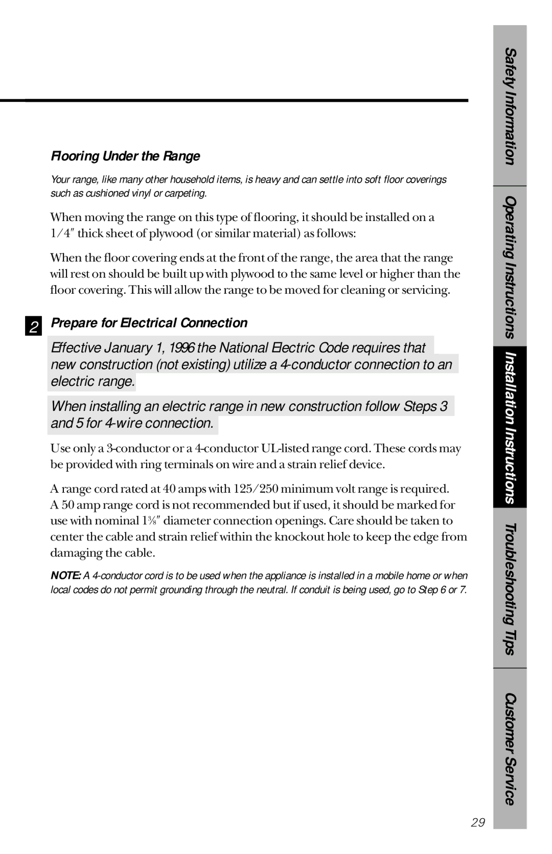 GE RB533, RB632 owner manual Flooring Under the Range, Prepare for Electrical Connection 