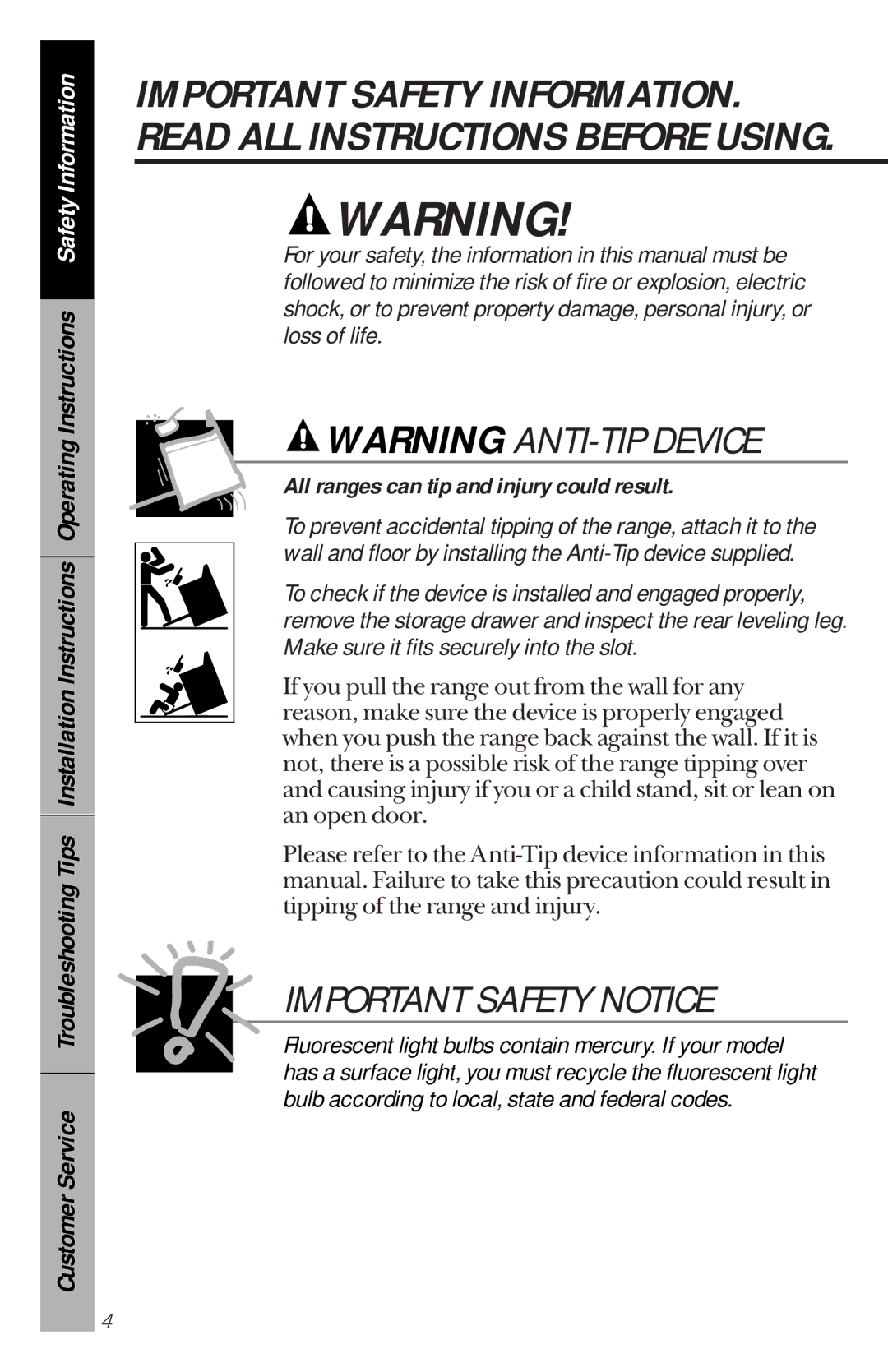 GE RB632, RB533 owner manual Important Safety Notice, All ranges can tip and injury could result 