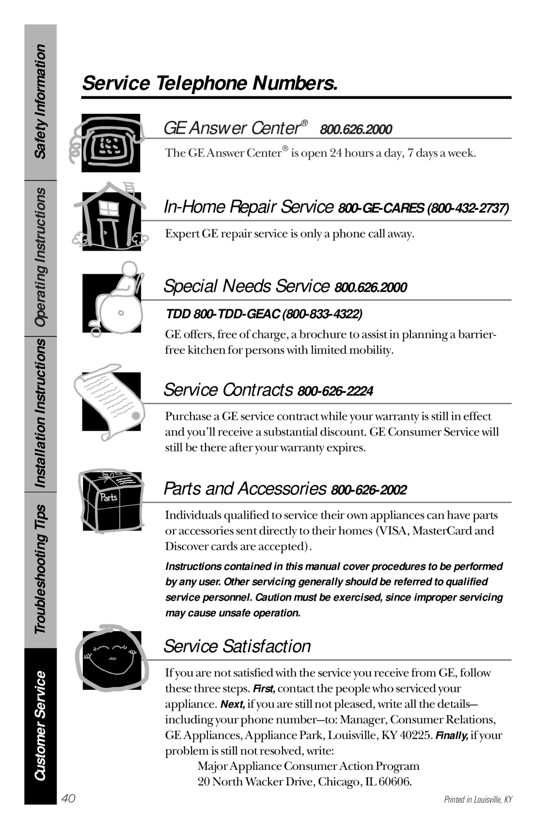 GE RB632, RB533 owner manual Service Telephone Numbers, In-Home Repair Service 800-GE-CARES, TDD 800-TDD-GEAC 