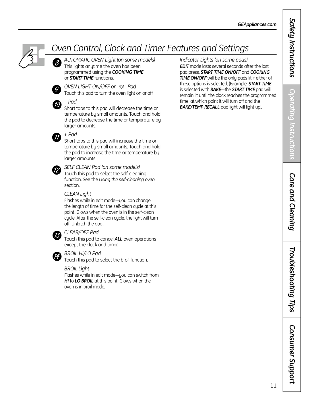 GE RB758 manual Safety Ins, Tructions OperiOperating, Touch this pad to turn the oven light on or off 