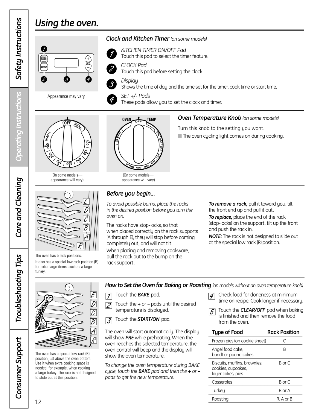 GE RB758 Using the oven, Clock and Kitchen Timer on some models, Oven Temperature Knob on some models, Before you begin… 