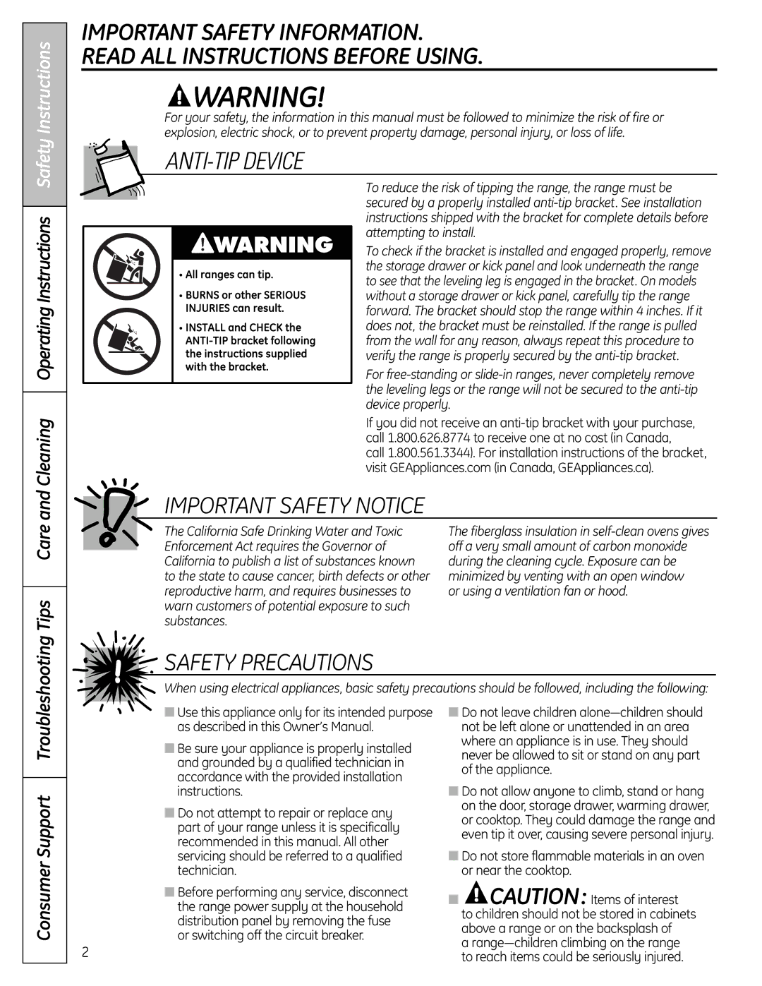 GE RB758 manual Cleaning OperatingInstructions Safety Instructions, Tips Care, Consumer Support Troubleshooting 