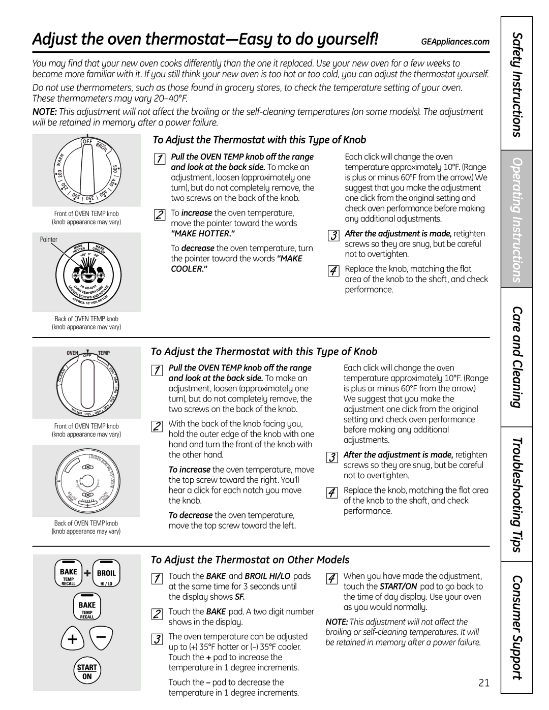 GE RB758 Adjust the oven thermostat-Easy to do yourself, Consumer Support, To Adjust the Thermostat with this Type of Knob 